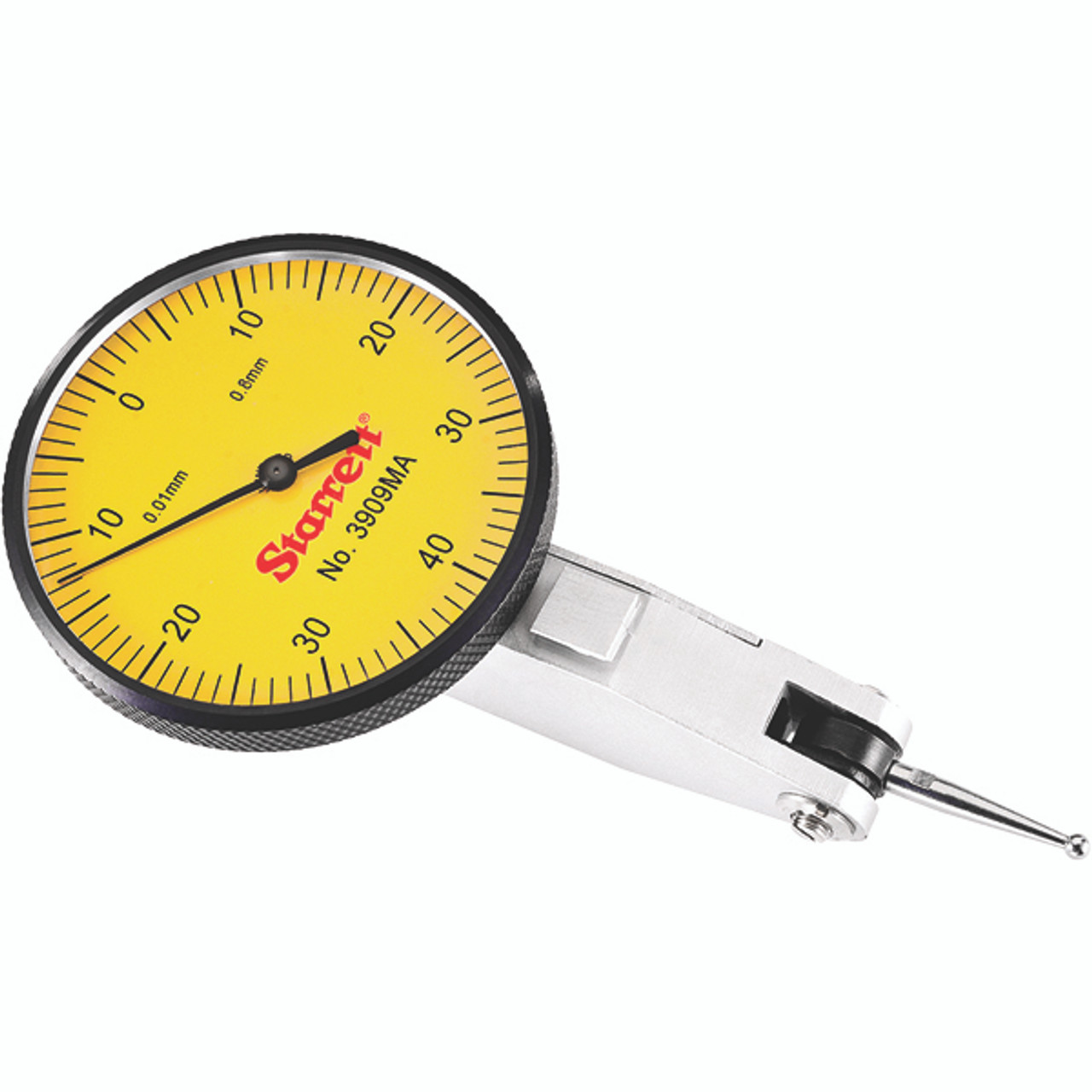 0.01mm Graduation Starrett 3909MA Dial Test Indicator with Dovetail Mount and 2 Attachments 0.8mm Range 40mm Yellow Dial 