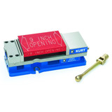 Kurt HD690 machine vise with blue base, steel jaws, and red jaw cover indicating 9-inch opening and 6-inch jaw size