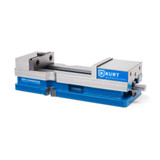 Kurt DX4 4-inch CrossOver vise with blue base, silver steel jaws, 6.5-inch opening, and side-mounted hand crank for clamping
