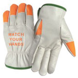 Wells Lamont Y0145M | Medium Uncoated Hemmed Cuff White/Orange Cowhide Driver's Gloves