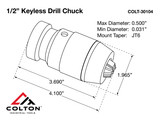 Colton 1/2" Heavy-Duty Ball Bearing Keyless Drill Chuck Line Drawing