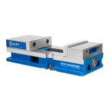 Kurt DX8 8-inch CrossOver vise with blue base, silver jaws, 10-inch opening, and side-mounted hand crank
