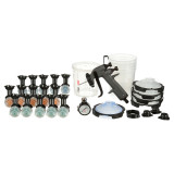 3M 7100228106 PPS spray gun kit with black spray gun, PPS cups, lids, liners, atomizing heads and accessories on white background