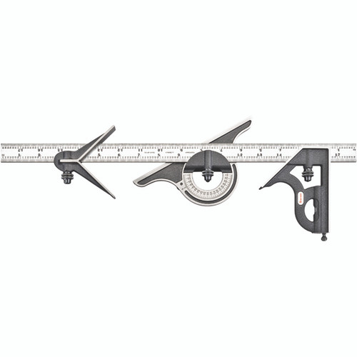 Starrett 9-18-4R | 4 Pc. 18" Hardened Steel Blade Combination Square 4R Graduation with Square, Center, Protractor Head