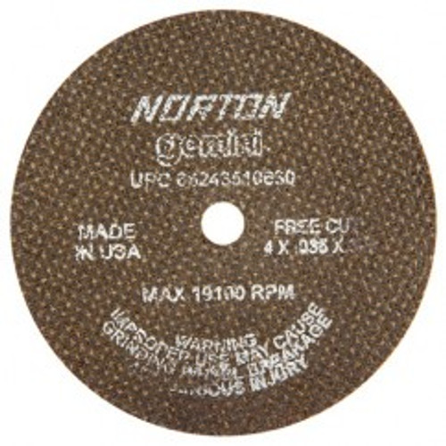 Norton 66243510630 | 4" Diameter x 3/8" Hole x 1/32" Thickness 19100 RPM 60 Grit Reinforced Aluminum Oxide Type 1 Cutoff Wheel
