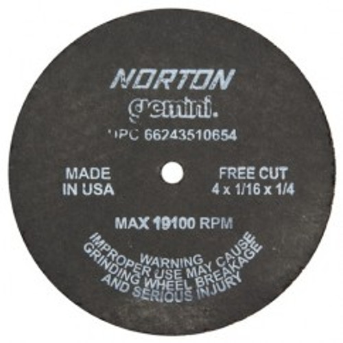 Norton 66243510654 | 4" Diameter x 1/4" Hole x 1/16" Thickness 19100 RPM 36 Grit Reinforced Aluminum Oxide Type 1 Cutoff Wheel