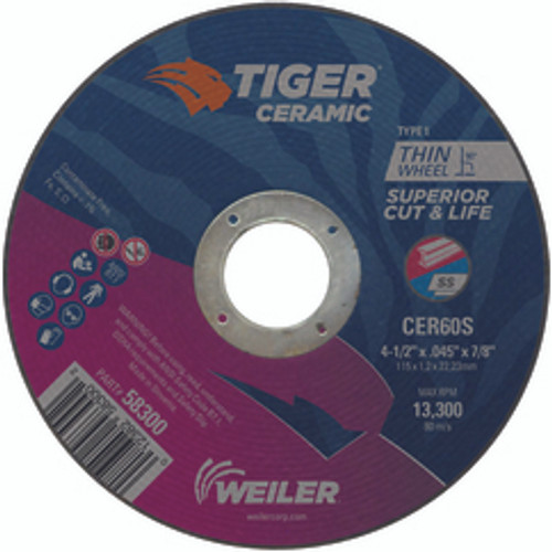 Weiler 58300 | 4-1/2" Diameter x 7/8" Hole x 3/64" Thickness 13000 RPM 60 Grit Ceramic Type 1 Cutoff Wheel