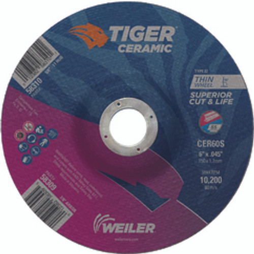 Weiler 58309 | 6" Diameter x 7/8" Hole x 3/64" Thickness 10200 RPM 60 Grit Ceramic Type 27 Cutoff Wheel