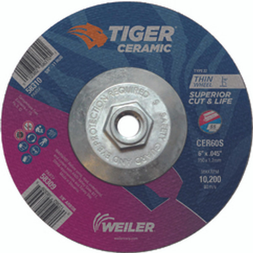 Weiler 58310 | 6" Diameter x 5/8" - 11 Hole x 3/64" Thickness 10200 RPM 60 Grit Ceramic Type 27 Cutoff Wheel