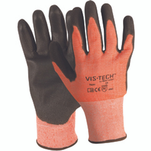 Wells Lamont Y9294S | Small Palm and Fingertips Coated Cuff Hi-Vis Orange/Black HPPE Fiber/Stainless Steel Cut Resistant Gloves