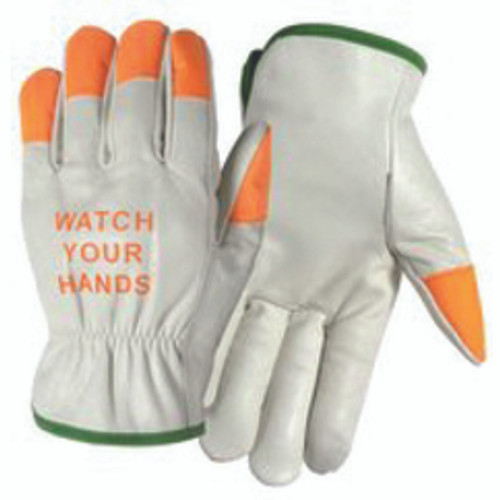 Wells Lamont Y0145M | Medium Uncoated Hemmed Cuff White/Orange Cowhide Driver's Gloves