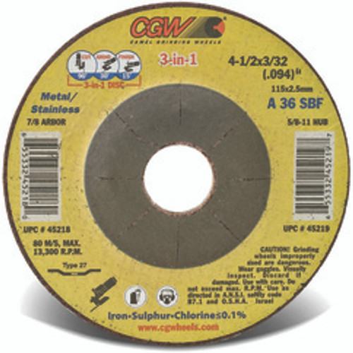 CGW 45221 | 5" Diameter x 5/8"-11 Hole x 3/32" Thickness 36 Grit Coarse Grade Aluminum Oxide Type 27 Depressed Center Wheel