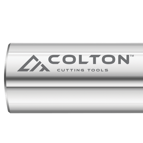 Photograph of the Colton logo engraved on an end mill.