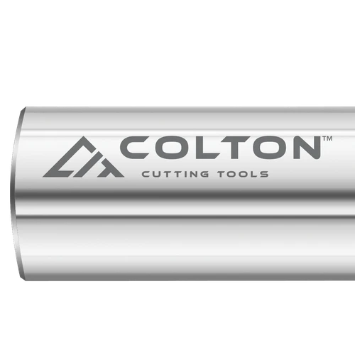 Photograph of the Colton logo engraved on an end mill.