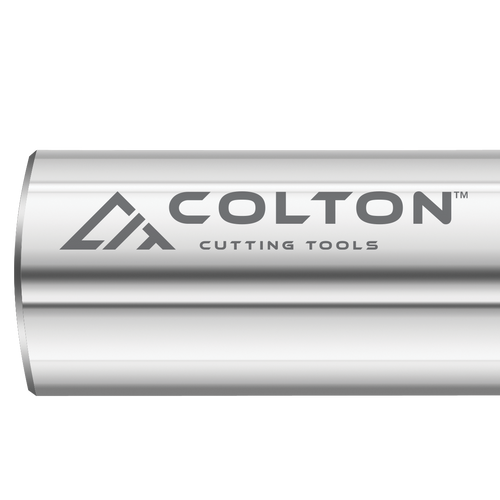 Photograph of the Colton logo engraved on an end mill.