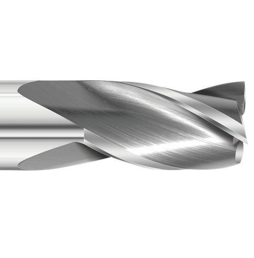 Detail photograph of the flutes on a Colton Cutting Tools 61157 | Carbide End Mill 3 Flute Square End Long 1/4" Diameter x 1 1/2" LOC x 4" OAL end mill.