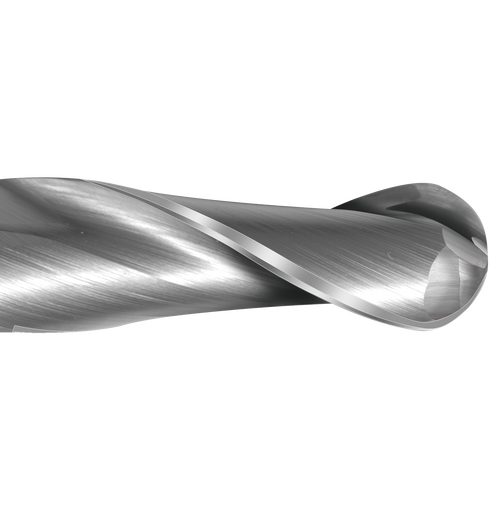 Detail photograph of the flutes on a Colton Cutting Tools 61533 | Carbide End Mill 2 Flute Ball End Long 3/8" Diameter x 1 1/8" LOC x 3" OAL end mill.