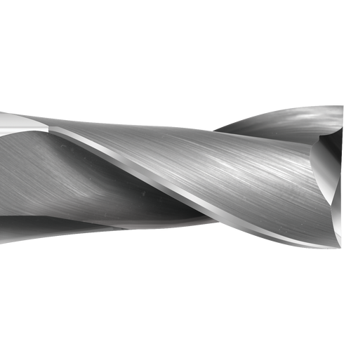Detail photograph of the flutes on a Colton Cutting Tools 61135 | Carbide End Mill 2 Flute Square End Long 3/16" Diameter x 1 1/4" LOC x 3" OAL end mill.