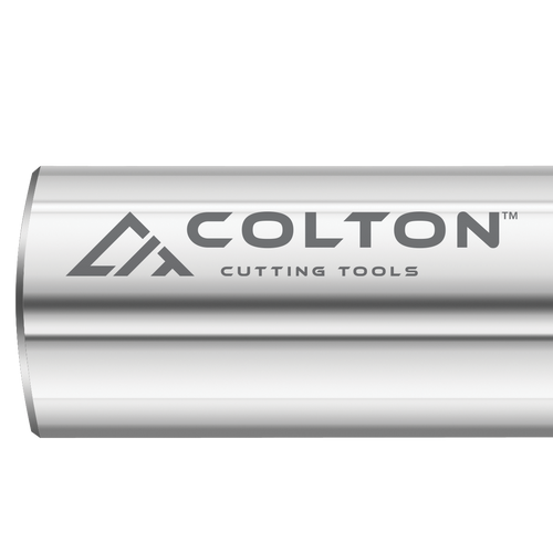 Photograph of the Colton logo engraved on an end mill.
