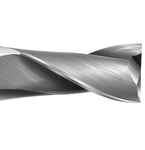Detail photograph of the flutes on a Colton Cutting Tools 61131 | Carbide End Mill 2 Flute Square End Long 1/8" Diameter x 3/4" LOC x 3" OAL end mill.