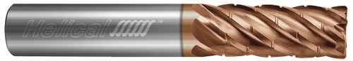 Photograph of a Helical Solutions 83152 |HEV-C-M-60375-R.030 0.3750" (3/8) Cutter DIA x 0.3750" (3/8) Shank DIA x 0.0300" Radius x 1.2500" (1-1/4) Length of Cut x 3.0000" (3) Overall Length Carbide Corner Radius End Mill for Stainless and High Temp, 6 Flutes, TPLUS Coated - (HEV-C-M-60375-R.030)