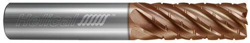 Photograph of a Helical Solutions 82921 |HEV-C-SR-70625-R.030 0.6250" (5/8) Cutter DIA x 0.6250" (5/8) Shank DIA x 0.0300" Radius x 1.2500" (1-1/4) Length of Cut x 3.5000" (3-1/2) Overall Length Carbide Corner Radius End Mill for Stainless and High Temp, 7 Flutes, TPLUS Coated - (HEV-C-SR-70625-R.030)