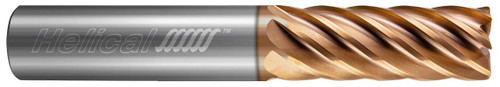 Photograph of a Helical Solutions 83401 |HEV-R-70625-R.060 0.6250" (5/8) Cutter DIA x 0.6250" (5/8) Shank DIA x 0.0600" Radius x 1.6250" (1-5/8) Length of Cut x 4.0000" (4) Overall Length Carbide Corner Radius End Mill for Stainless and High Temp, 7 Flutes, TPLUS Coated - (HEV-R-70625-R.060)