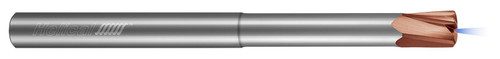 Photograph of a Helical Solutions 83734 |HFVC-RN-100-50250 0.2500" (1/4) Cutter DIA x 0.2500" (1/4) Shank DIA x 0.2500" (1/4) Length of Cut x 4.0000" (4) Overall Length x 2.5000" (2-1/2) Reach Carbide Coolant Through High Feed End Mill, 5 Flutes, TPLUS Coated - (HFVC-RN-100-50250)
