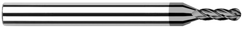 Photograph of a Harvey Tool 799520 | 0.0200" (.5 mm) Cutter DIA x 0.0600" Length of Cut Carbide Ball End Mill, 4 Flutes, CVD Diamond 4µm