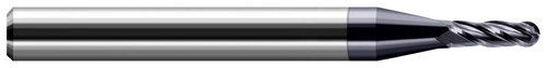 Photograph of a Harvey Tool 74363-C3 | 0.0630" (1.6 mm) Cutter DIA x 0.1890" Length of Cut Carbide Ball End Mill, 4 Flutes, AlTiN Coated