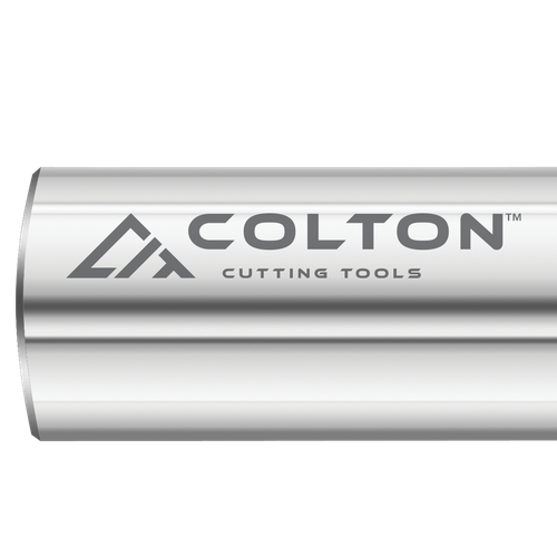 An image of the Colton Industrial Tools logo etched onto an end mill.