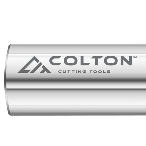 An image of the Colton Industrial Tools logo etched onto an end mill.