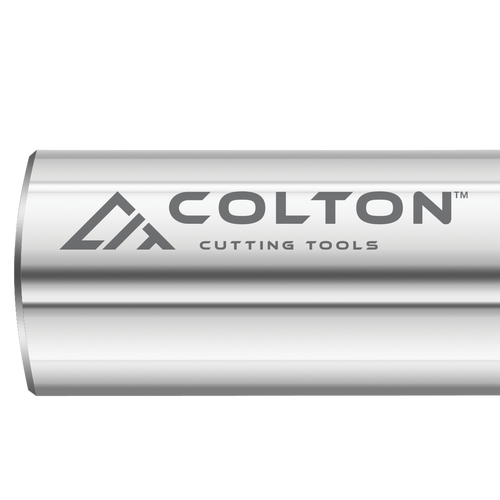 An image of the Colton Industrial Tools logo etched onto an end mill.