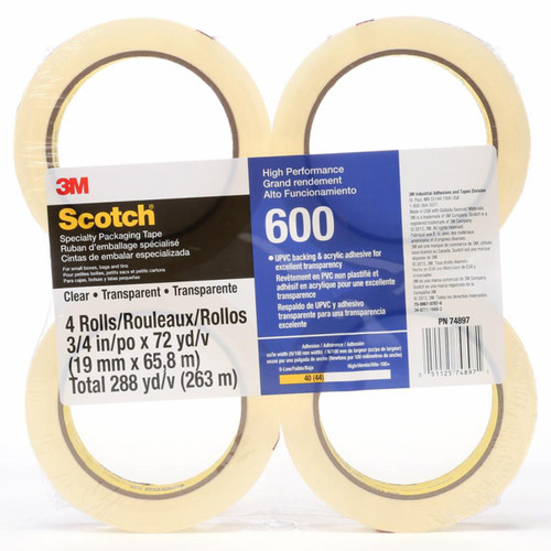 3M 7010375599 | 3.000" Size x 72.000yd Overall Length x 0.750" Width x 1.500mil Baking Thickness UPVC Film 600 Box Sealing Tape - Transparent