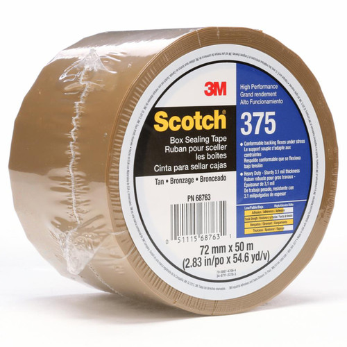 3M 7010335881 | 3.000" Size x 54.680yd OAL x 2.830" Width x 2.000mil Baking Thickness Polypropylene Film 375 Box Sealing Tape - Tan