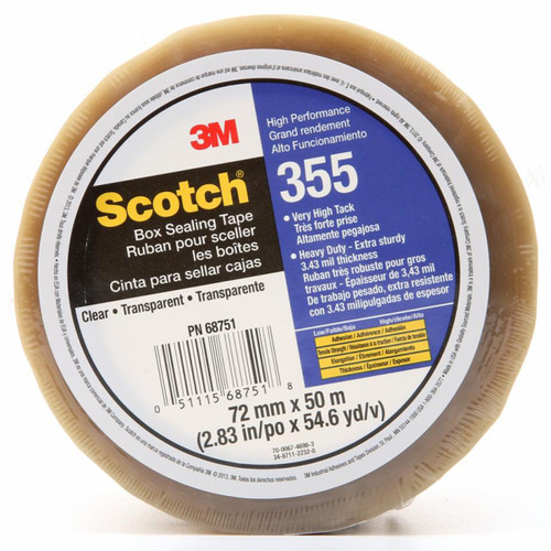 3M 7010374956 | 3.000" Size x 54.680yd OAL x 2.830" Width x 2.000mil Baking Thickness Polyester 355 Box Sealing Tape - Transparent
