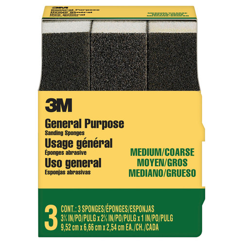 3M 7010312225 medium/coarse sanding sponges, pack of three rectangular foam blocks in yellow retail packaging