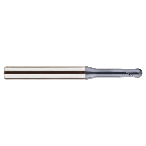 YG1 GMF16915 | 0.020" Diameter x 3/16" Shank x 1/64" LOC x 1/4" LBS x 1-3/4" OAL x 0.25mm Radius x 30 Degree Helix Angle 2 Flute Y-Coated Carbide GMF16 Ball Nose with Neck End Mill