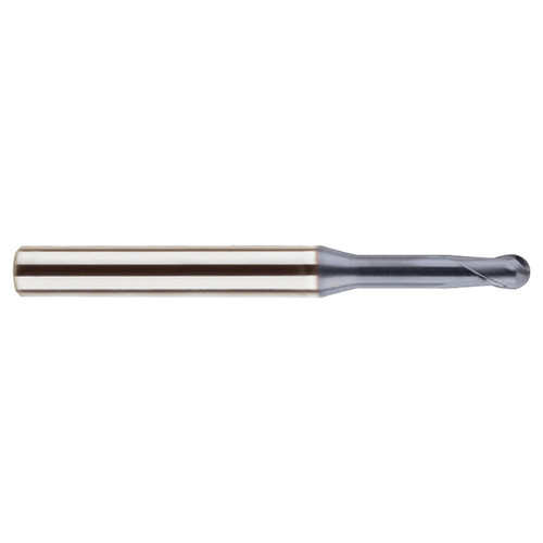 YG1 SEM84603022 | 0.1181" Diameter x 0.2362" Shank x 0.1181" LOC x 2.5591" OAL x 0.0591" Radius 2 Flute AlCrN Coated Carbide Ball Nose with Long Neck End Mill