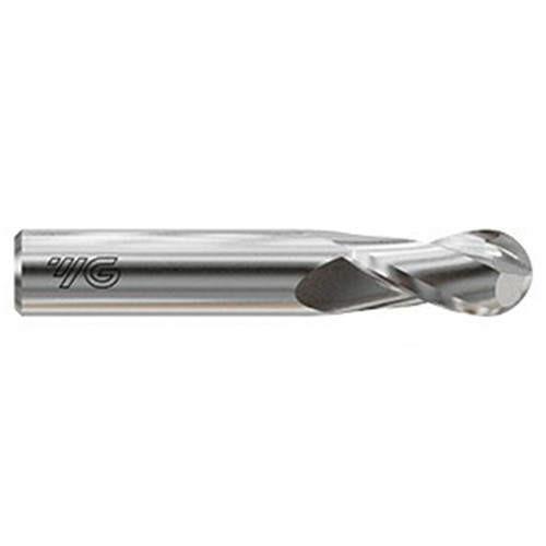 YG1 E5I02044 | 11/16" Diameter x 3/4" Shank x 1-1/2" LOC x 4" OAL x 11/32" Radius x 30 Degree Helix Angle 2 Flute Bright Coated Carbide E5I02 Ball End Mill