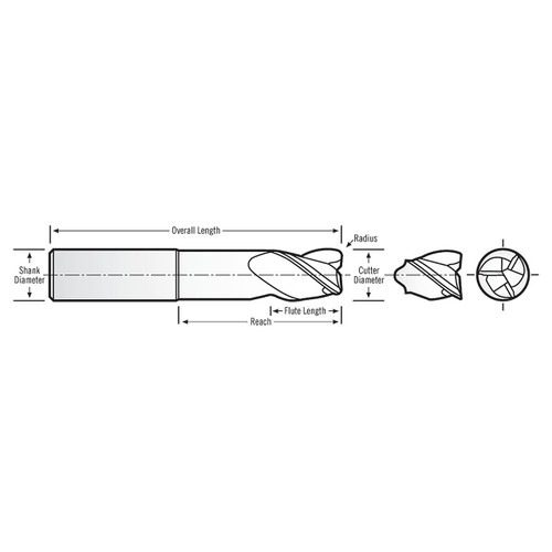 RobbJack AL3-304-12-BN | 0.375" Diameter x 0.375" Shank x 3.500" OAL x 0.188" Radius 3 Flute Uncoated Corner Radius End Mill
