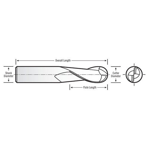 RobbJack B-203-02-DLC | 0.063" Diameter x 0.125" Shank x 1.500" OAL 2 Flute DLC Coated Ball End Mill
