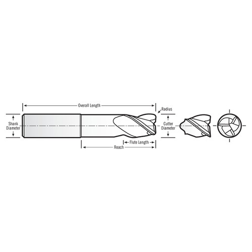 RobbJack FM-304-16-BN-DLC | 0.500" Diameter x 0.500" Shank x 5.000" OAL x 0.250" Radius 3 Flute DLC Coated Square End Mill