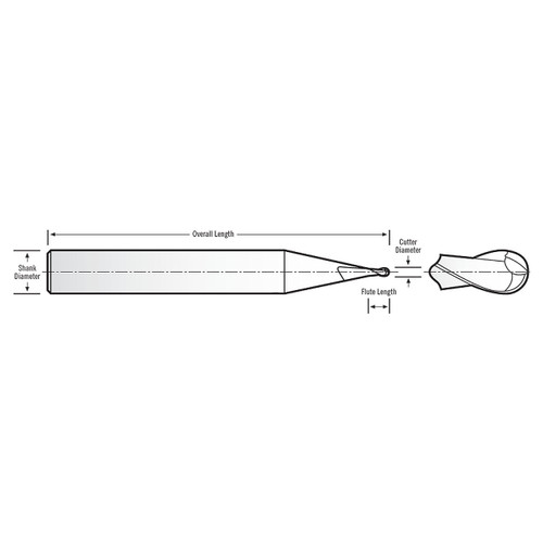 RobbJack SS-2-020-BN-T | 0.020" Diameter x 0.125" Shank x 1.500" OAL 2 Flute TiN Coated Ball End Mill