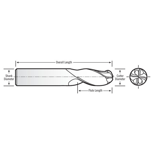 RobbJack B-440-08-C | 0.2500" Cutting Diameter x 0.2500" Shank x 2.5000" OAL 4 Flute TiCN Coated Ball End Mill