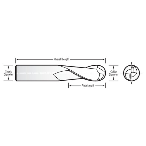 RobbJack MB-203-03-T | 3.00mm Cutting Diameter x 3.00mm Shank x 38.00mm OAL 2 Flute TiN Coated Ball End Mill