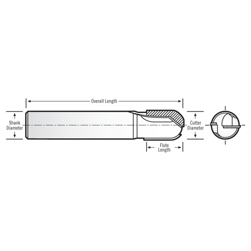 RobbJack PCD-201-08-BN | 0.2500" Cutting Diameter x 0.2500" Shank x 2" OAL 2 Flute Uncoated Ball End Straight Router Bit
