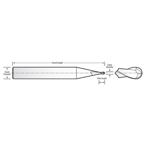 RobbJack SR-2-020-BN-DLC | 0.0200" Cutting Diameter x 0.1250" Shank x 1.5000" OAL 2 Flute DLC Coated Miniature Ball End Mill