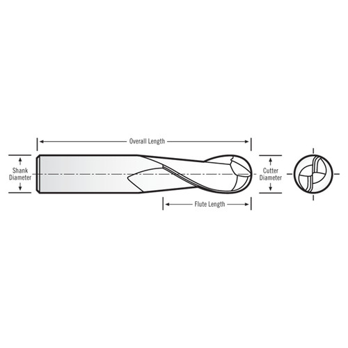 RobbJack MSB-201-06-C | 6.00mm Diameter x 6.00mm Shank x 50.00mm OAL 2 Flute TiCN Coated Ball End Mill