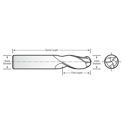 RobbJack MSB-301-01.5-T | 1.50mm Diameter x 3.00mm Shank x 38.00mm OAL 3 Flute TiN Coated Ball End Mill